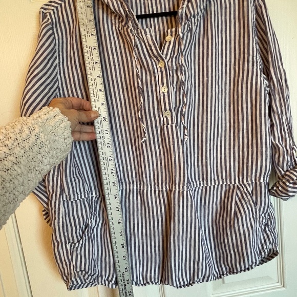 C&C California Blue White Striped Linen Hooded Top Size M - Picture 10 of 11
